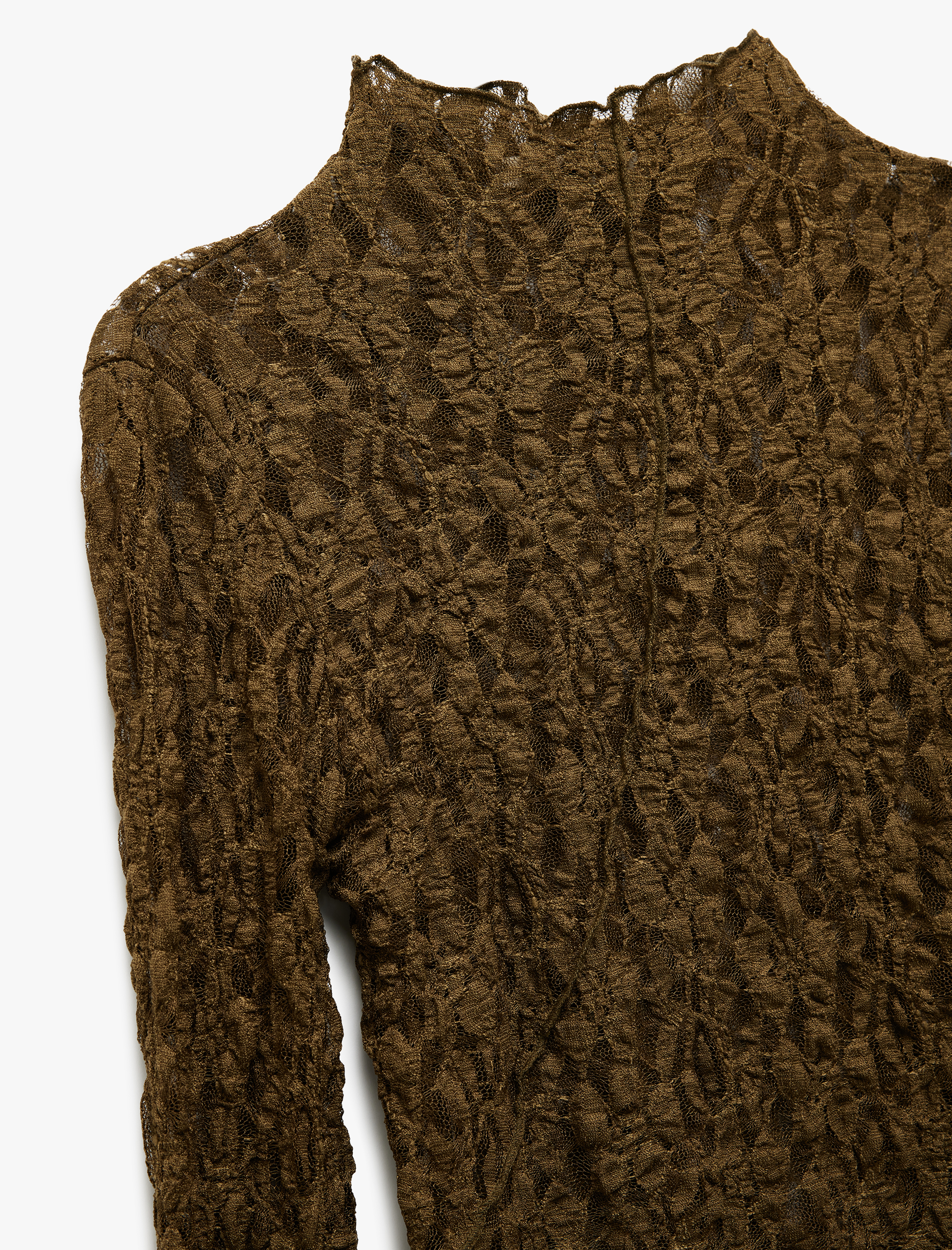   Skinny Fit Yarı Transparan Uzun Kollu Dik Yaka Dantel Body