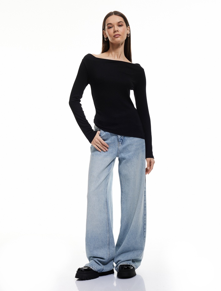  Viskon Asimetrik Uzun Kollu Slim Fit Degaje Yaka Tişört