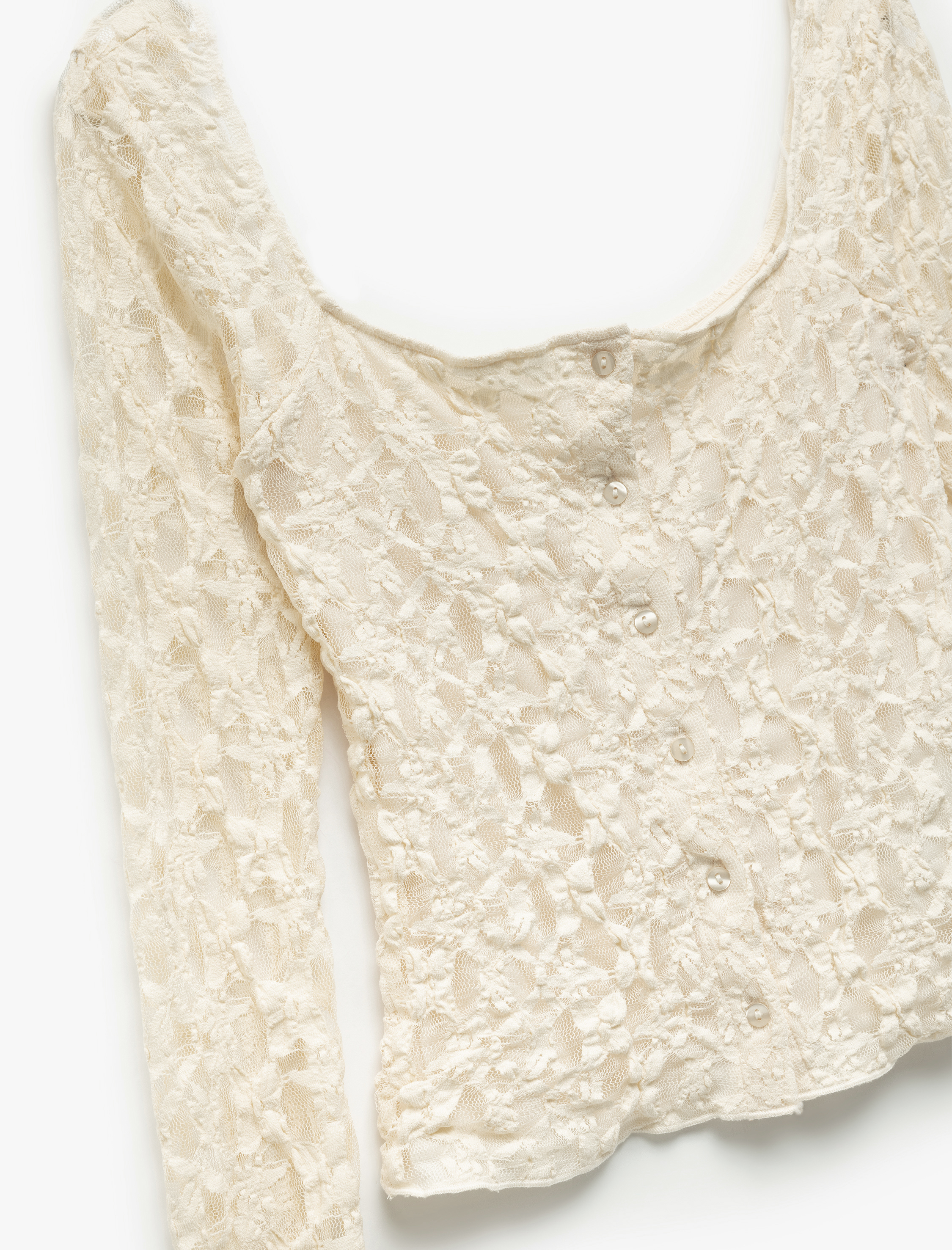   Yarı Transparan U Yaka Uzun Kollu Düğmeli Dantel Bluz