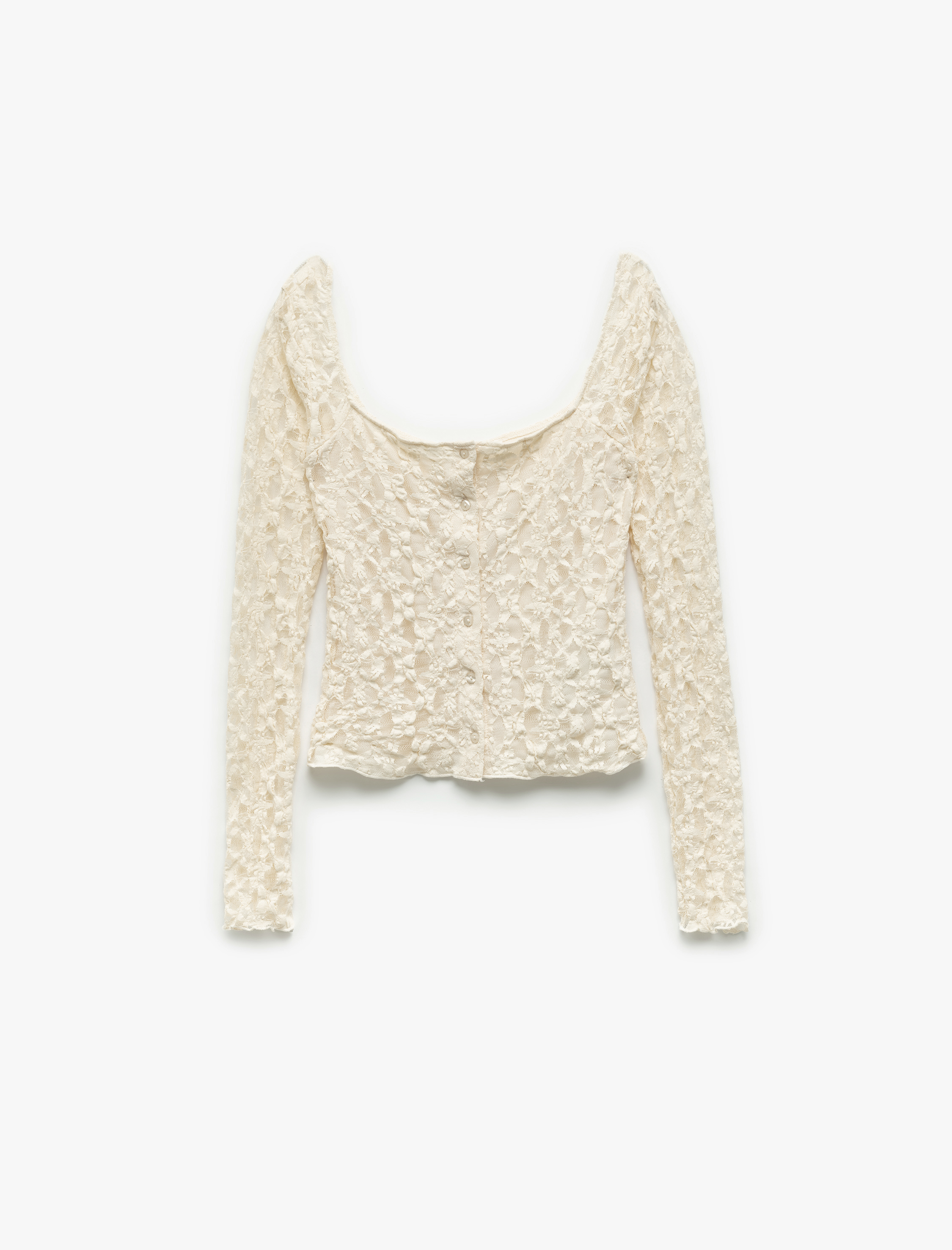   Yarı Transparan U Yaka Uzun Kollu Düğmeli Dantel Bluz