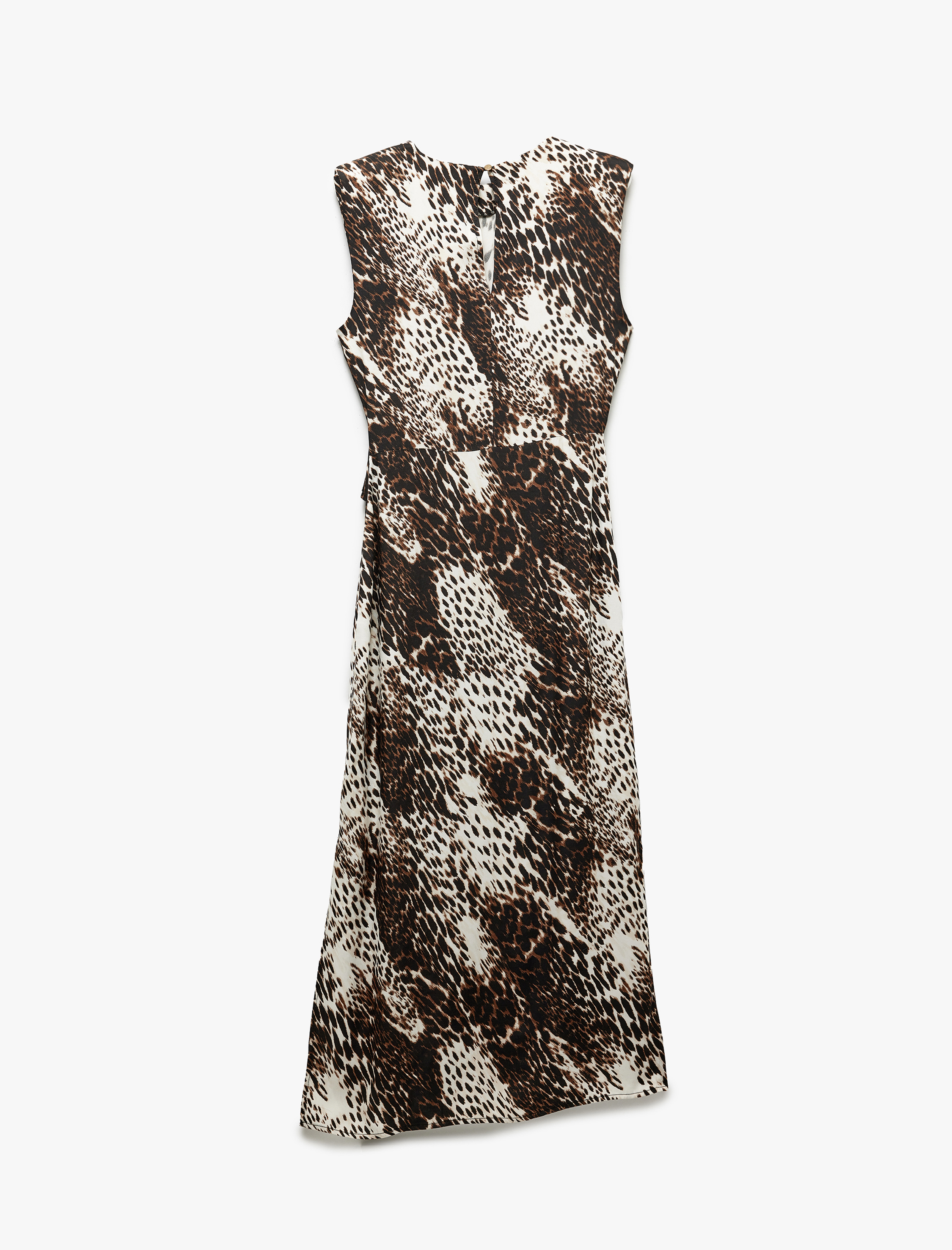   Aksesuar Detaylı Kolsuz U Yaka Yırtmaçlı Uzun Saten Leopar Desenli Elbise