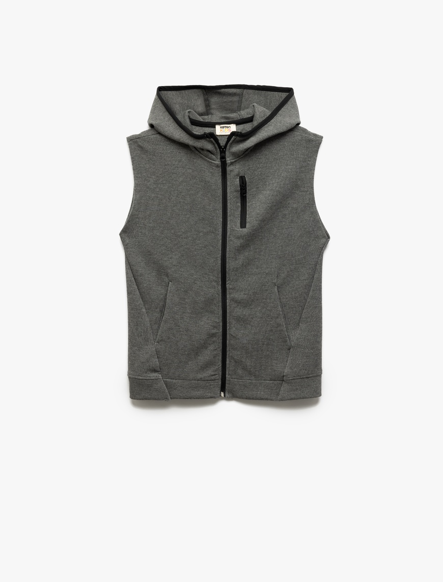  Erkek Çocuk Kapşonlu Fermuar Detaylı Kolsuz Basic Sweatshirt