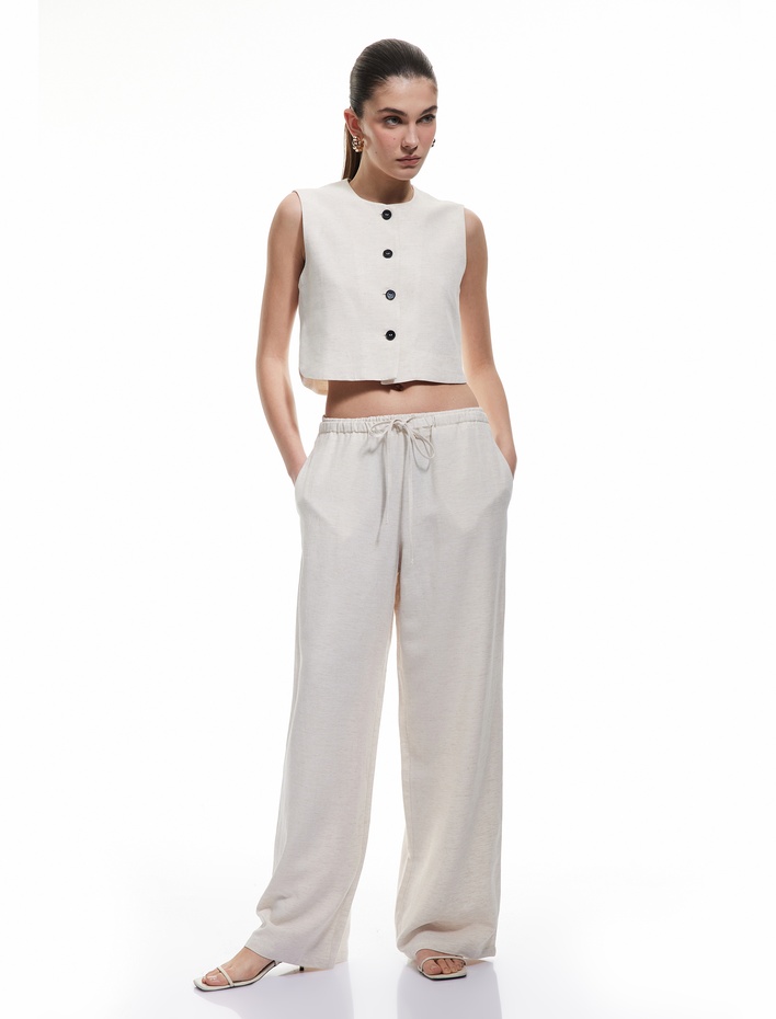  Beli Bağlamalı Viskon Keten Karışımlı Yüksek Bel Bol Paça Pantolon
