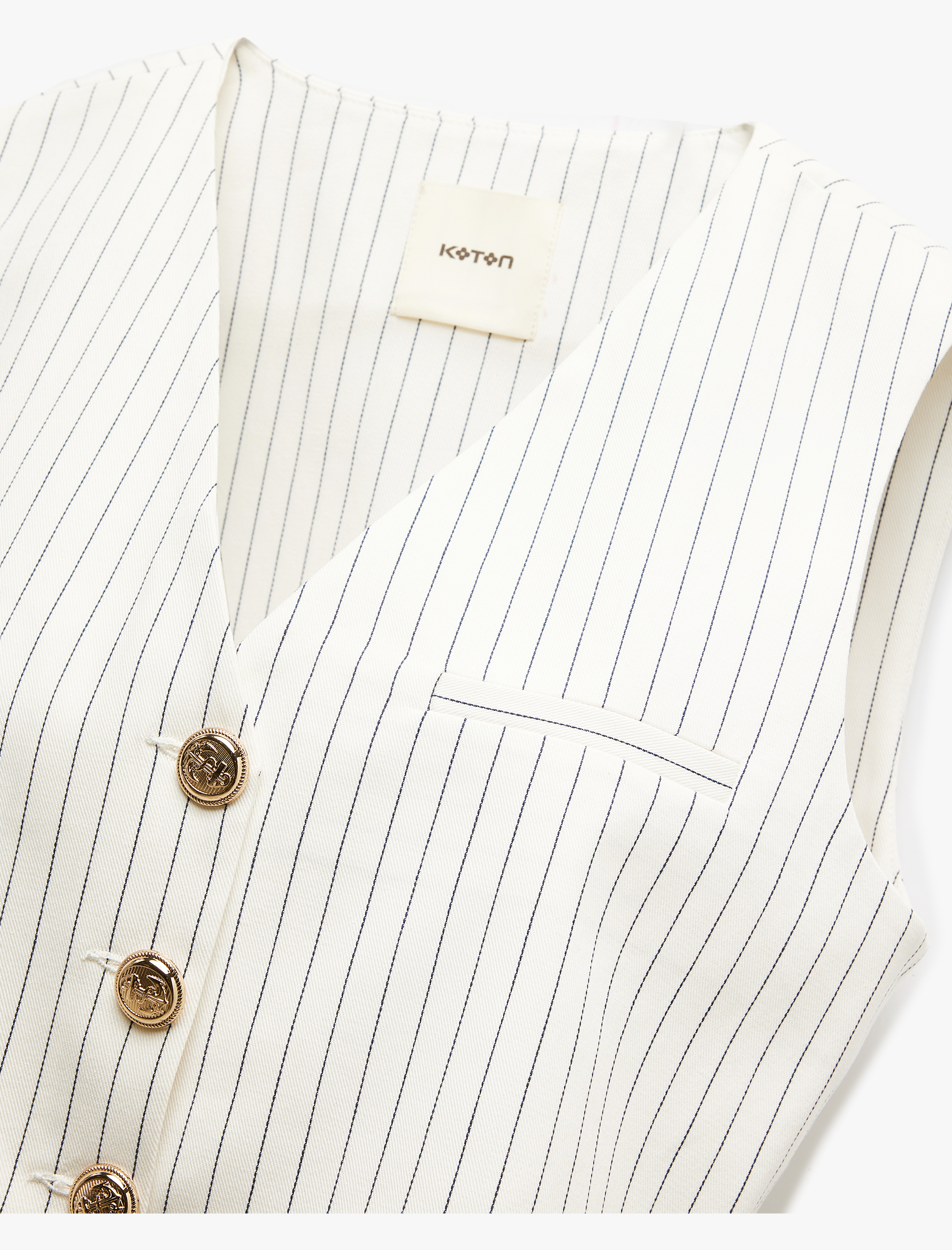   Pamuklu Düğmeli V Yaka Kolsuz Çizgili Crop Blazer Yelek