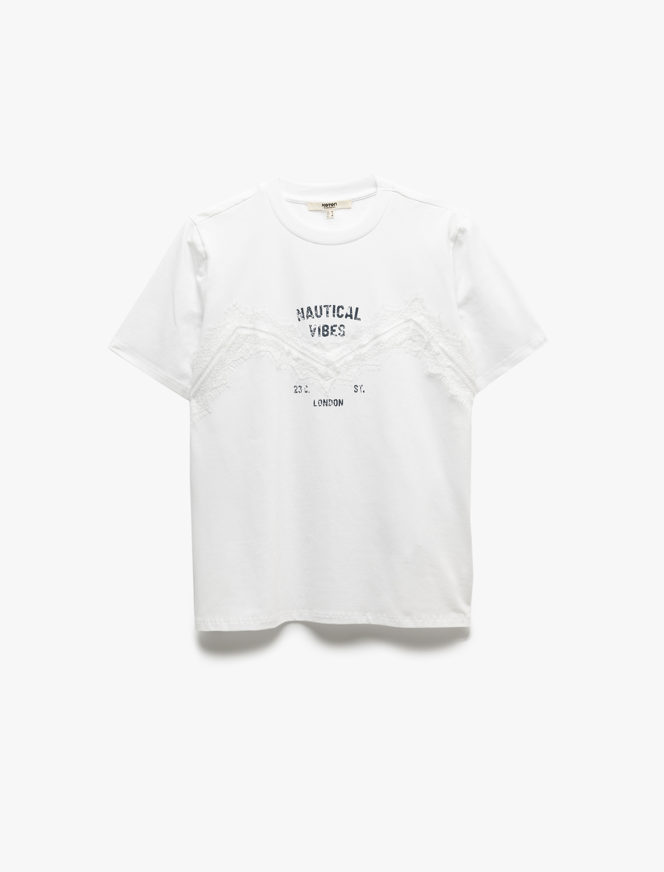   Dantel Detaylı Pamuklu Kısa Kollu Bisiklet Yaka Baskılı Tişört