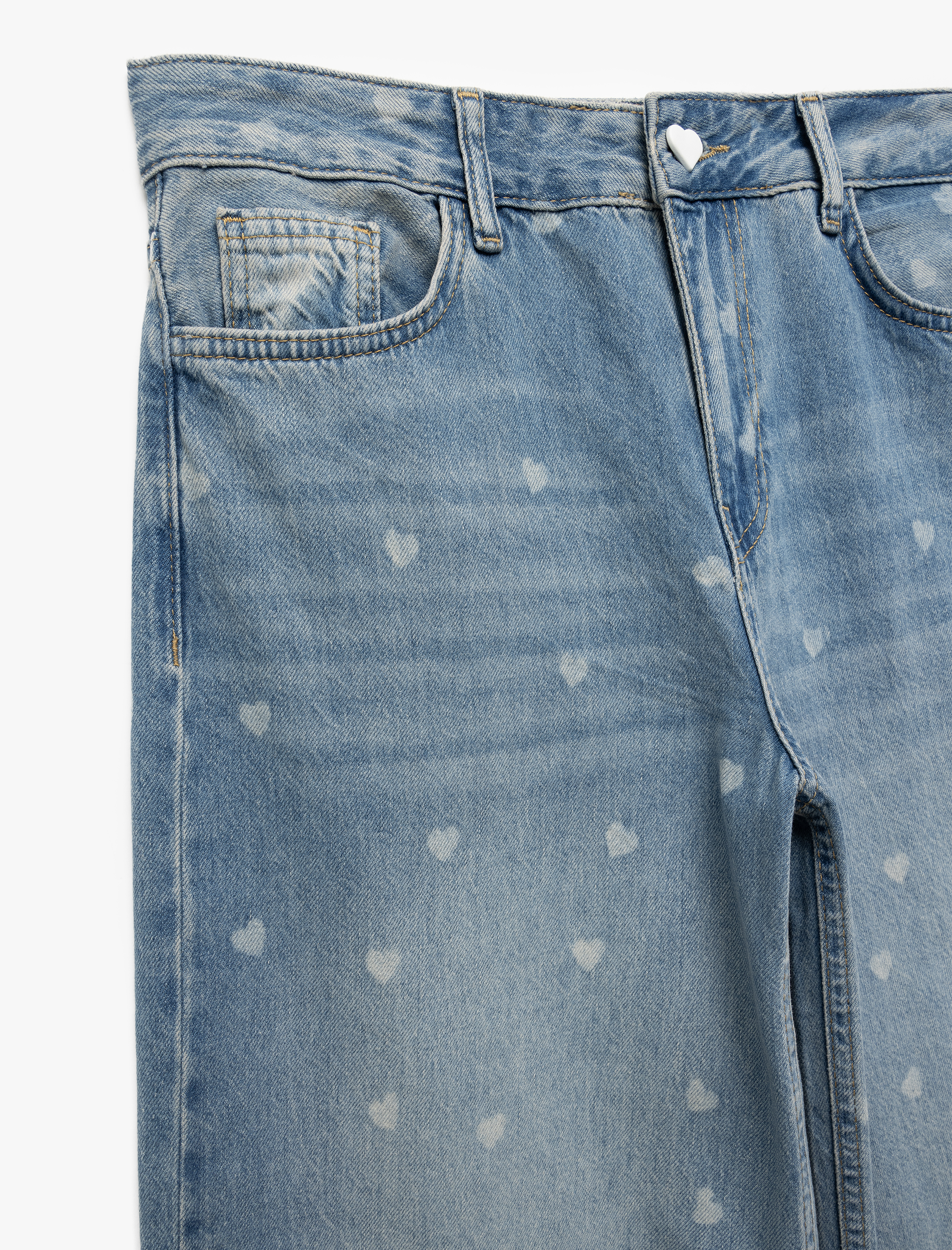   Kalp Baskılı Normal Paça Pamuklu Bol Kalıp Denim Pantolon - Loose Straight Fit Jean