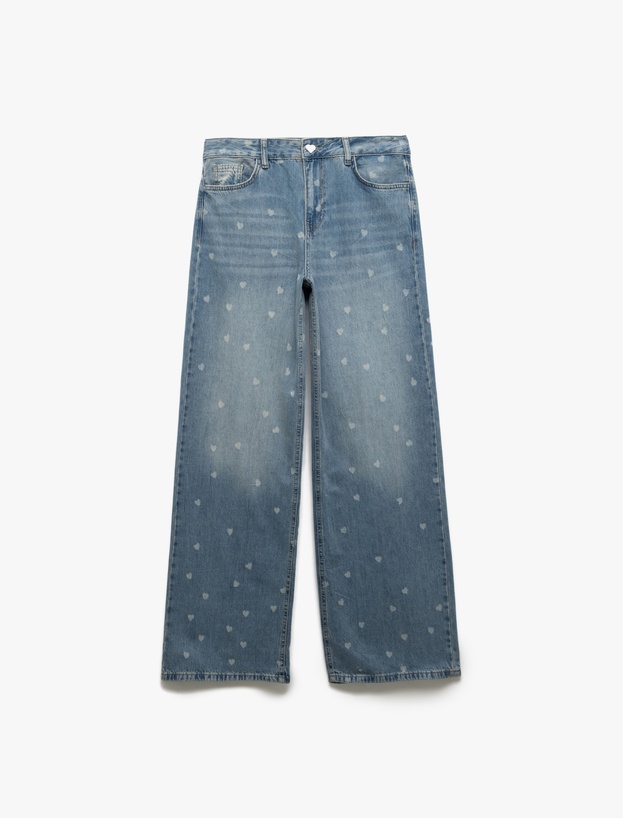 Kalp Baskılı Normal Paça Pamuklu Bol Kalıp Denim Pantolon - Loose Straight Fit Jean_0