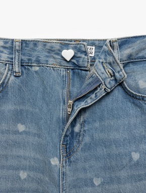 Kalp Baskılı Normal Paça Pamuklu Bol Kalıp Denim Pantolon - Loose Straight Fit Jean_2
