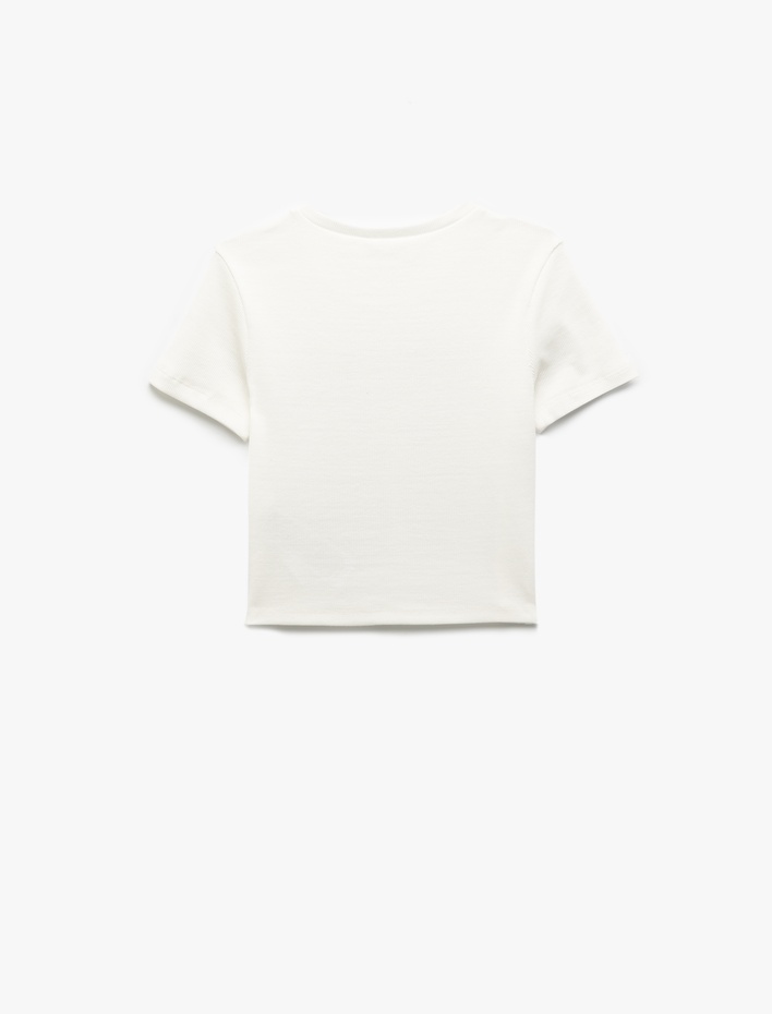  Bisiklet Yaka Pamuklu Crop Nakışlı Kısa Kollu Tişört