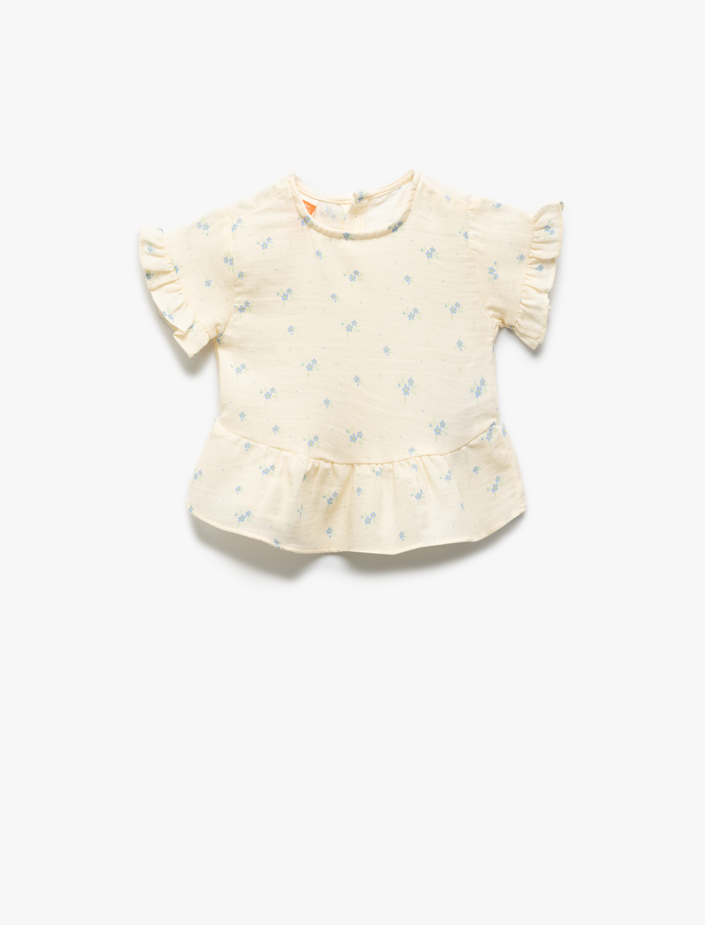  Kız Bebek Pamuklu Çiçek Baskılı Fırfır Detaylı Yuvarlak Yaka Kısa Kollu Bluz