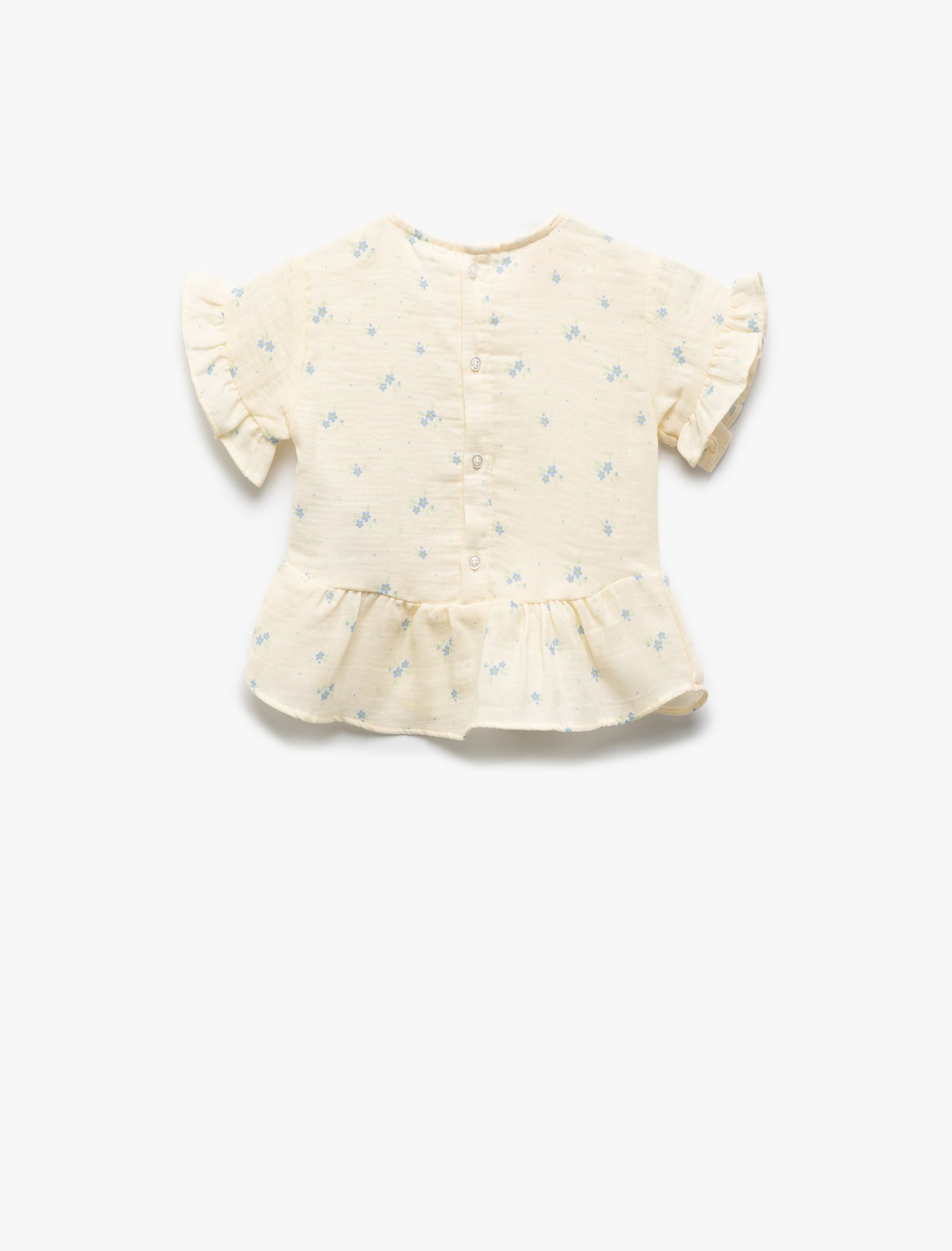  Kız Bebek Pamuklu Çiçek Baskılı Fırfır Detaylı Yuvarlak Yaka Kısa Kollu Bluz