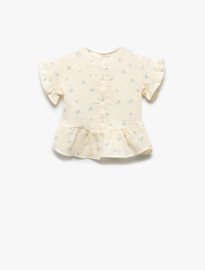Kız Bebek Pamuklu Çiçek Baskılı Fırfır Detaylı Yuvarlak Yaka Kısa Kollu Bluz