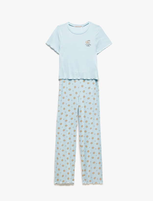 Viskon Kaşkorse Kısa Kollu Bisiklet Yaka Baskılı Pijama Takımı_2