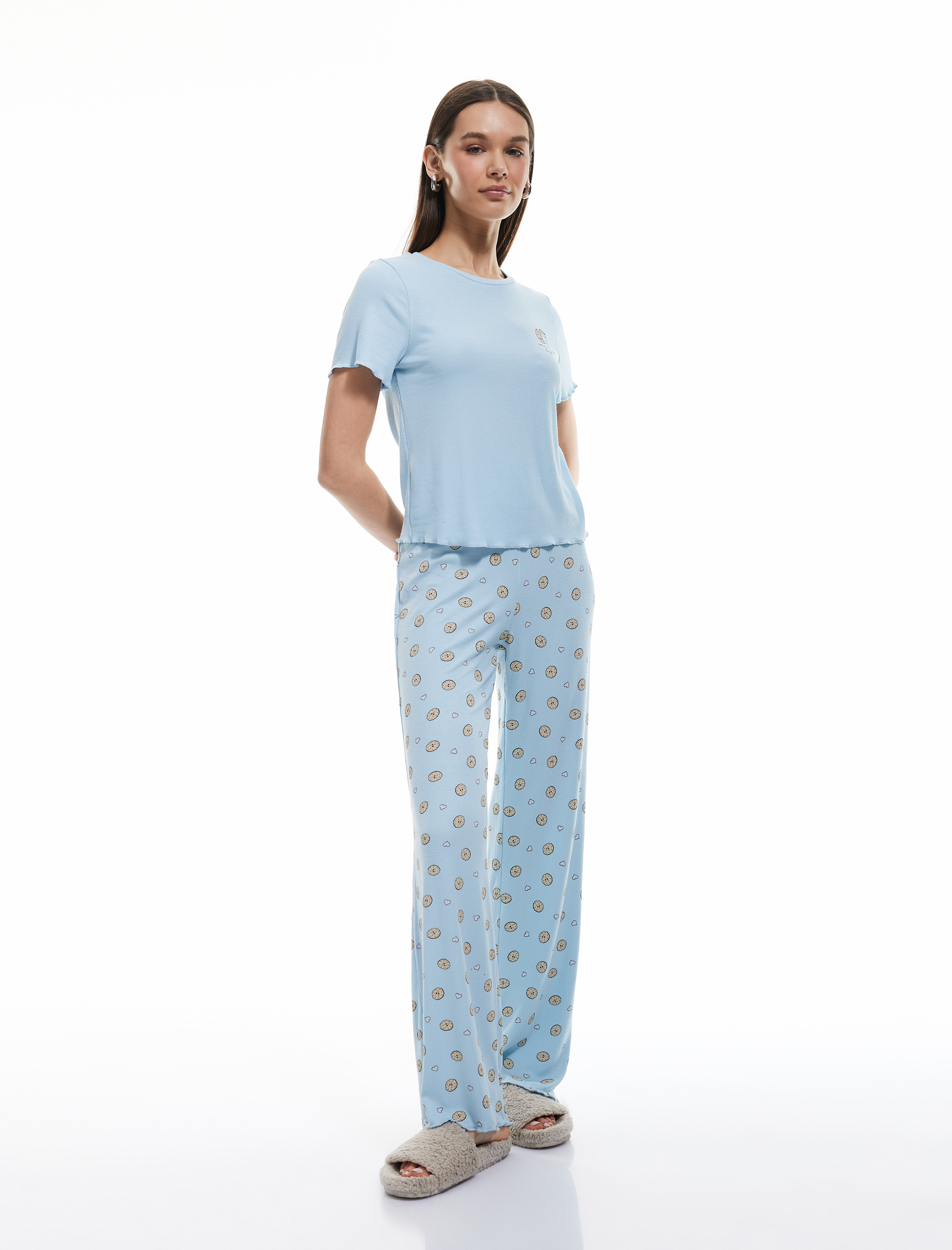   Viskon Kaşkorse Kısa Kollu Bisiklet Yaka Baskılı Pijama Takımı