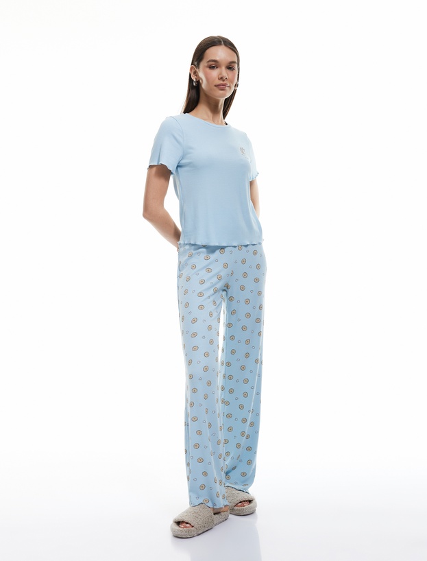 Viskon Kaşkorse Kısa Kollu Bisiklet Yaka Baskılı Pijama Takımı_1
