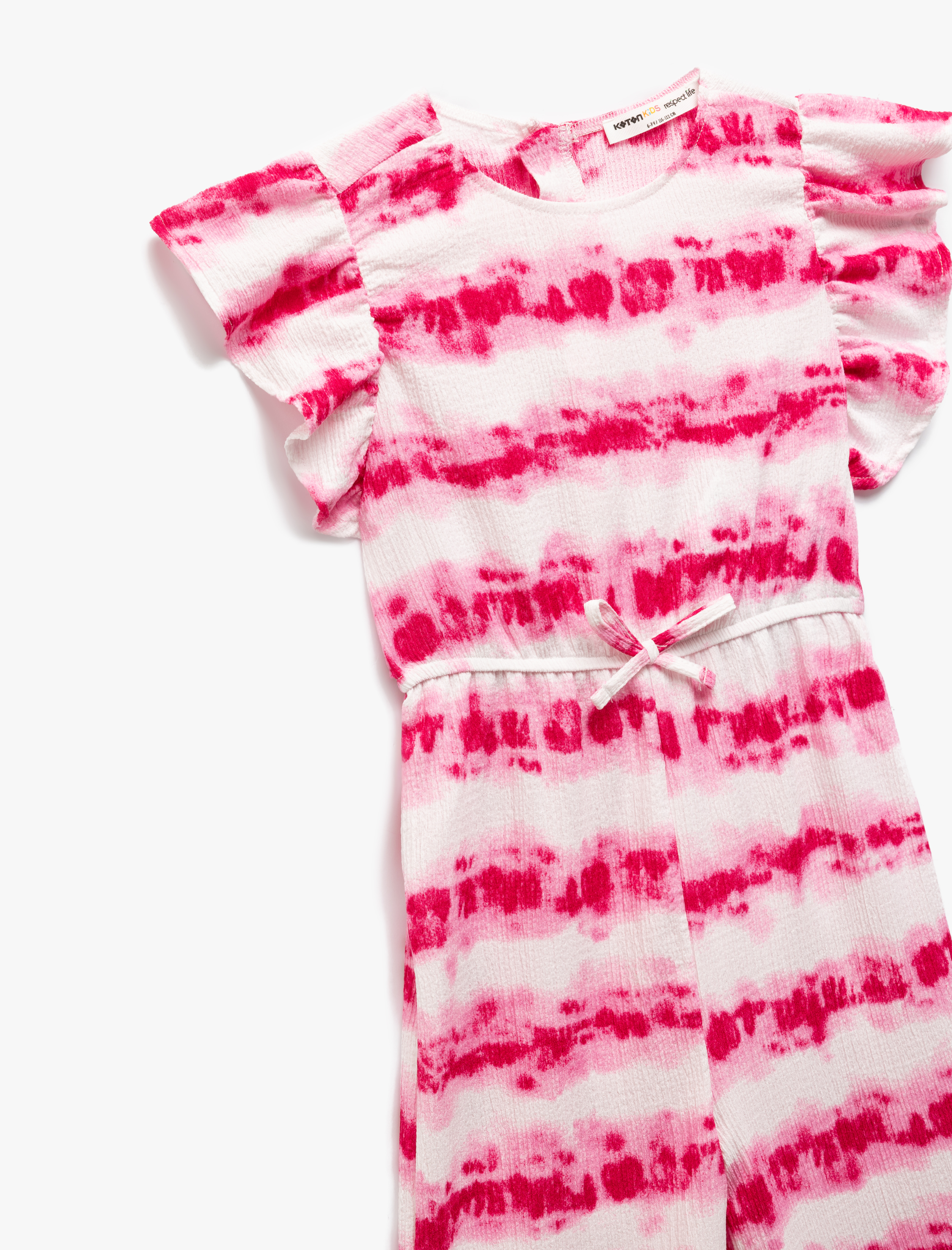 Kız Çocuk Kelebek Kollu Kurdele Detaylı Batik Desenli Uzun Tulum