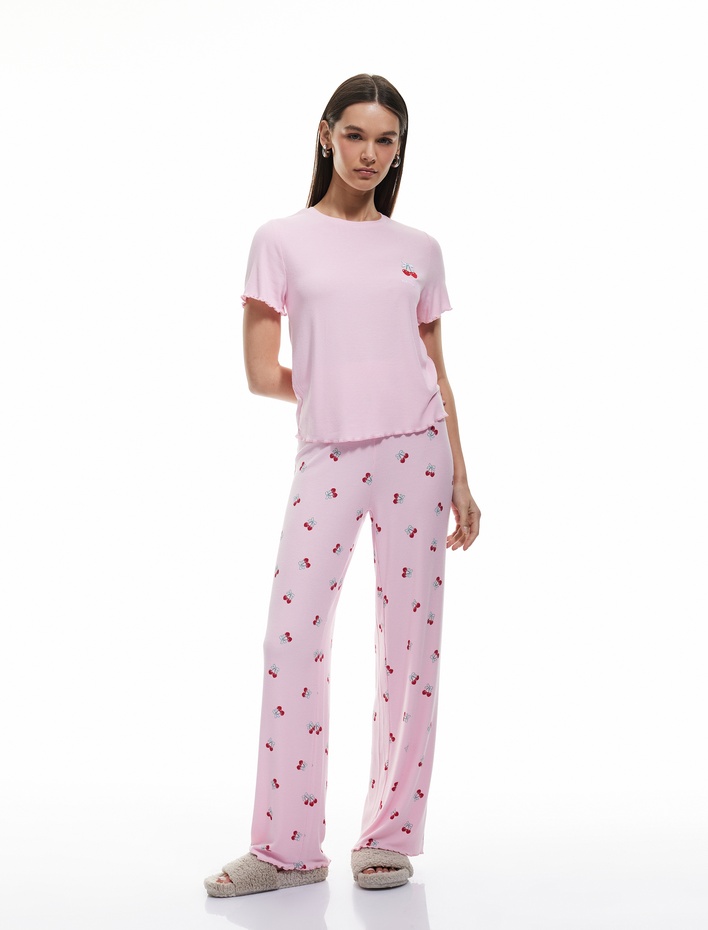  Rahat Kalıp Kaşkorse Viskon Kısa Kollu Kiraz Baskılı Pijama Takımı