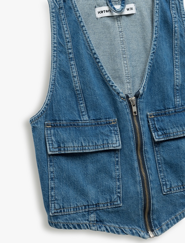 Fermuarlı Cepli V Yaka Pamuklu Kolsuz Denim Yelek_4