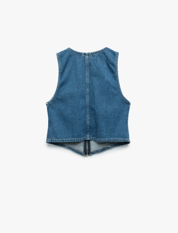 Fermuarlı Cepli V Yaka Pamuklu Kolsuz Denim Yelek_3