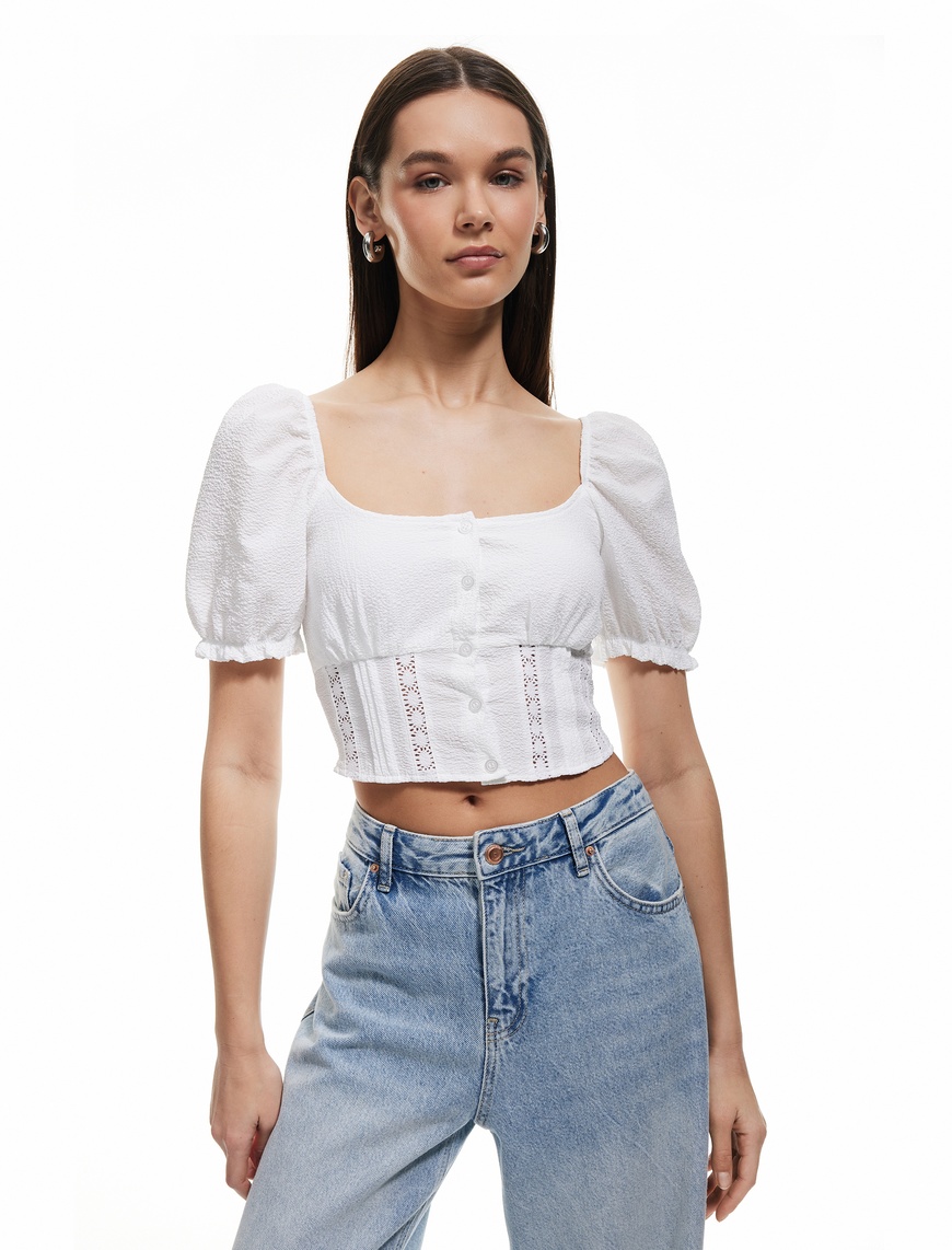   Gipeli Poplin Balon Kol Dantel Detaylı Crop Bluz