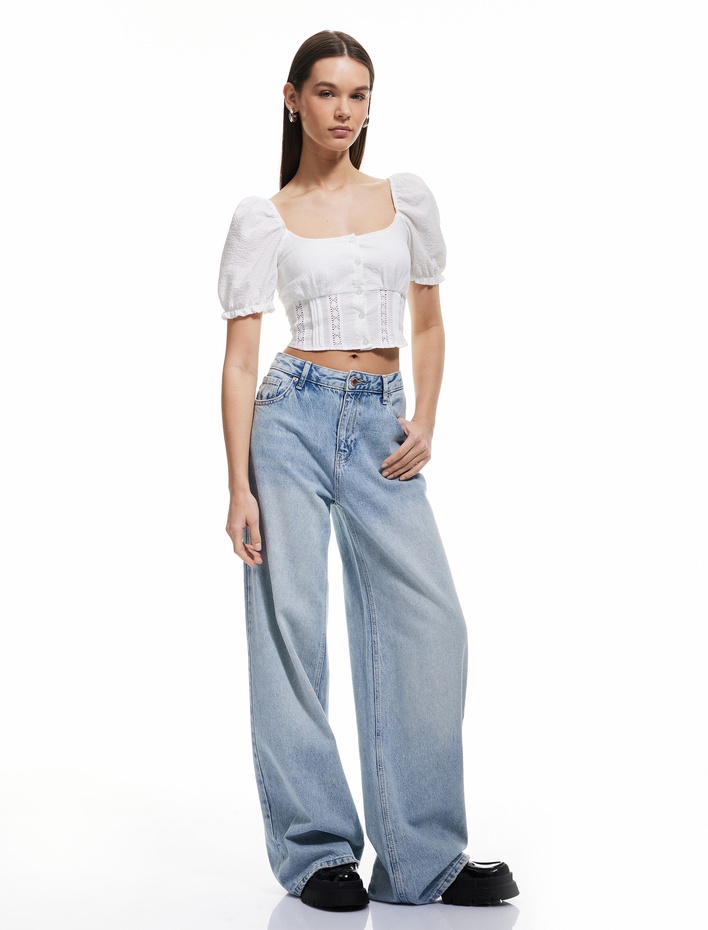  Gipeli Poplin Balon Kol Dantel Detaylı Crop Bluz