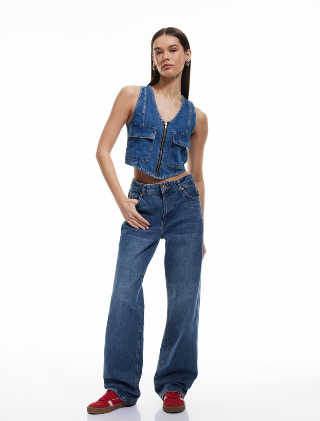 Fermuarlı Cepli V Yaka Pamuklu Kolsuz Denim Yelek_1