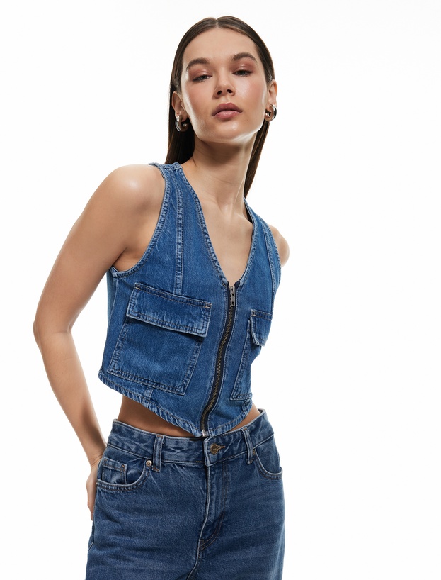 Fermuarlı Cepli V Yaka Pamuklu Kolsuz Denim Yelek_0