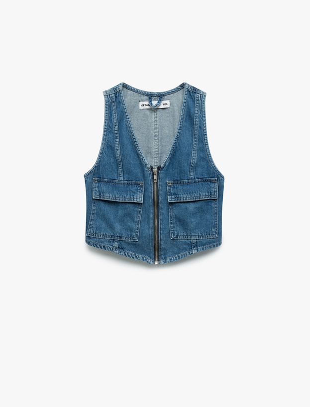 Fermuarlı Cepli V Yaka Pamuklu Kolsuz Denim Yelek_2