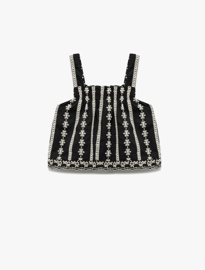 Kız Çocuk Pamuklu Kare Yaka Askılı Brodeli Crop Bluz