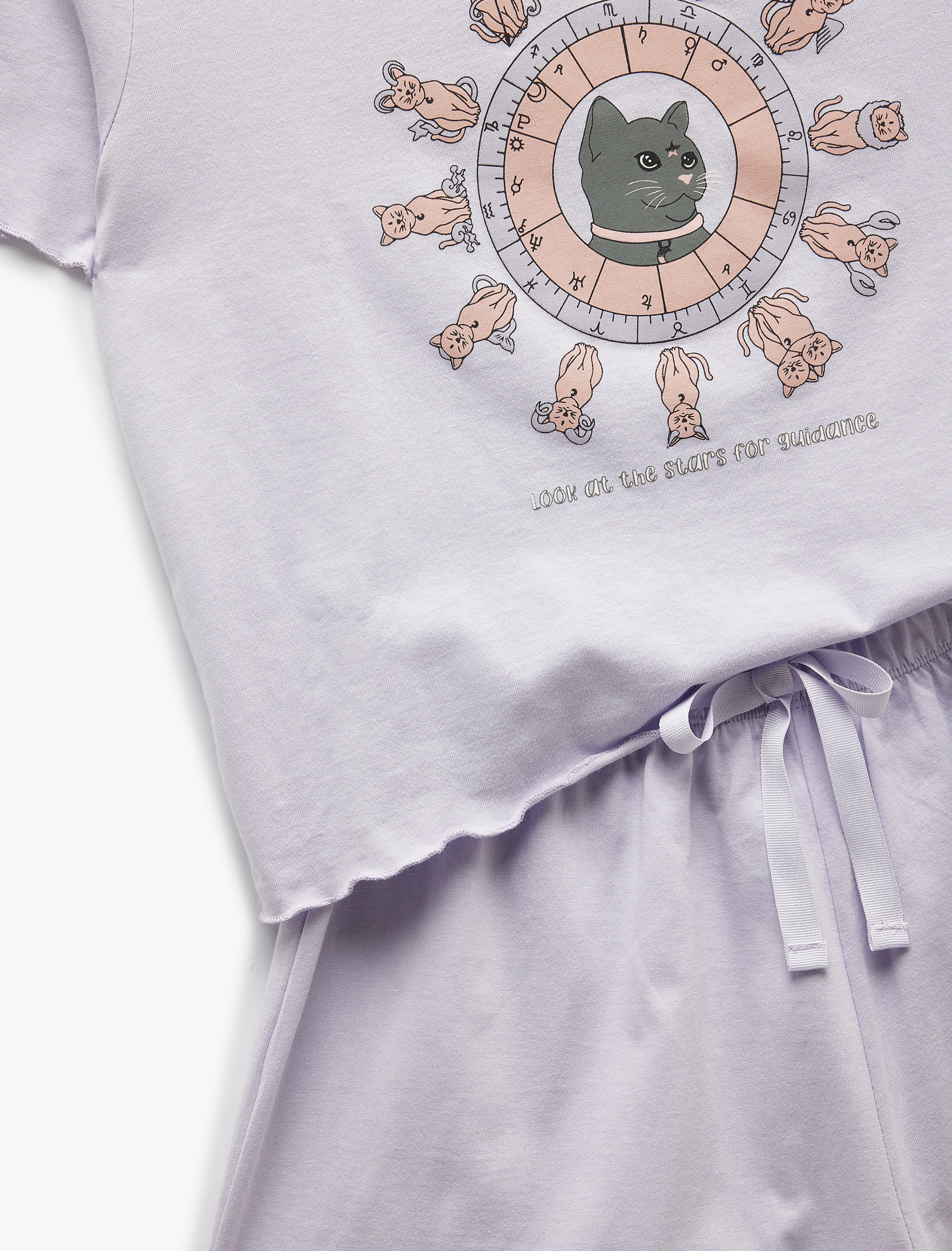   Pamuklu Kısa Kollu U Yaka Kedi Baskılı Şortlu Pijama Takımı