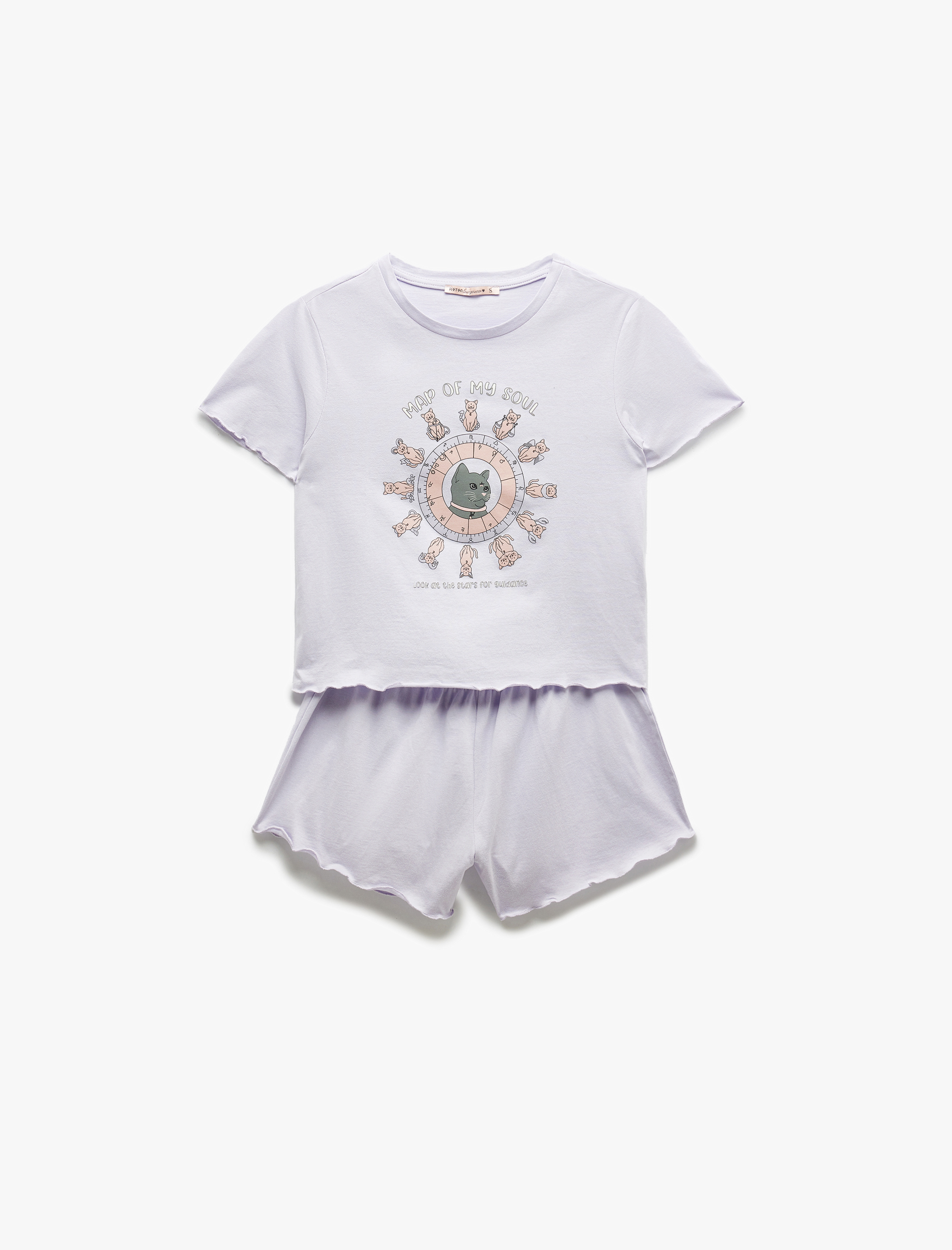   Pamuklu Kısa Kollu U Yaka Kedi Baskılı Şortlu Pijama Takımı