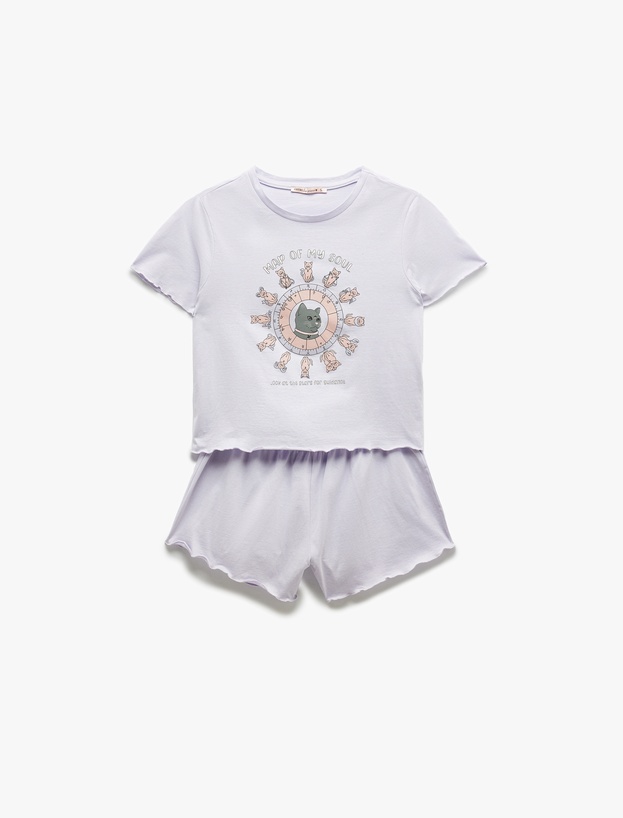 Pamuklu Kısa Kollu U Yaka Kedi Baskılı Şortlu Pijama Takımı_2