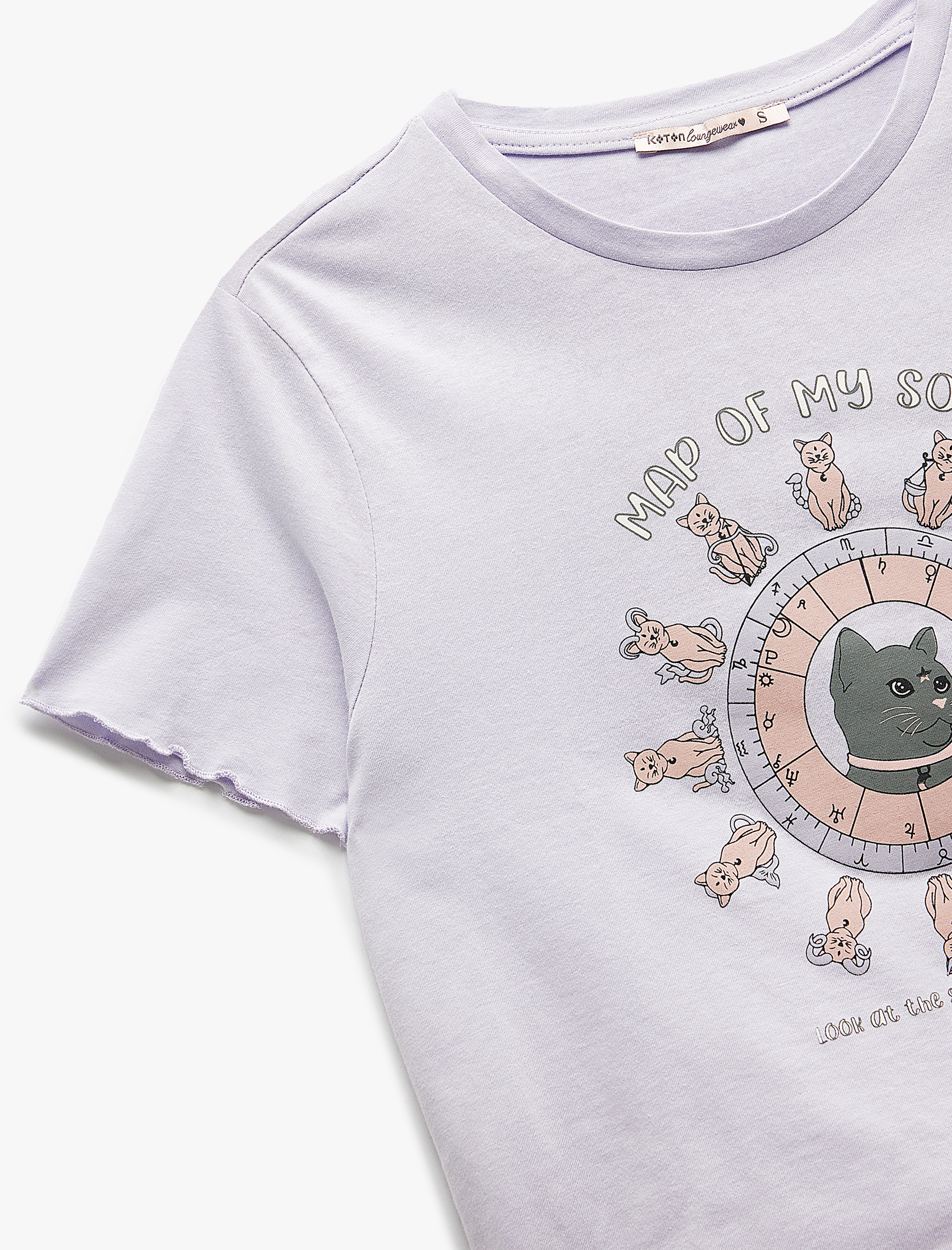   Pamuklu Kısa Kollu U Yaka Kedi Baskılı Şortlu Pijama Takımı