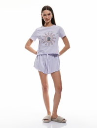 Pamuklu Kısa Kollu U Yaka Kedi Baskılı Şortlu Pijama Takımı