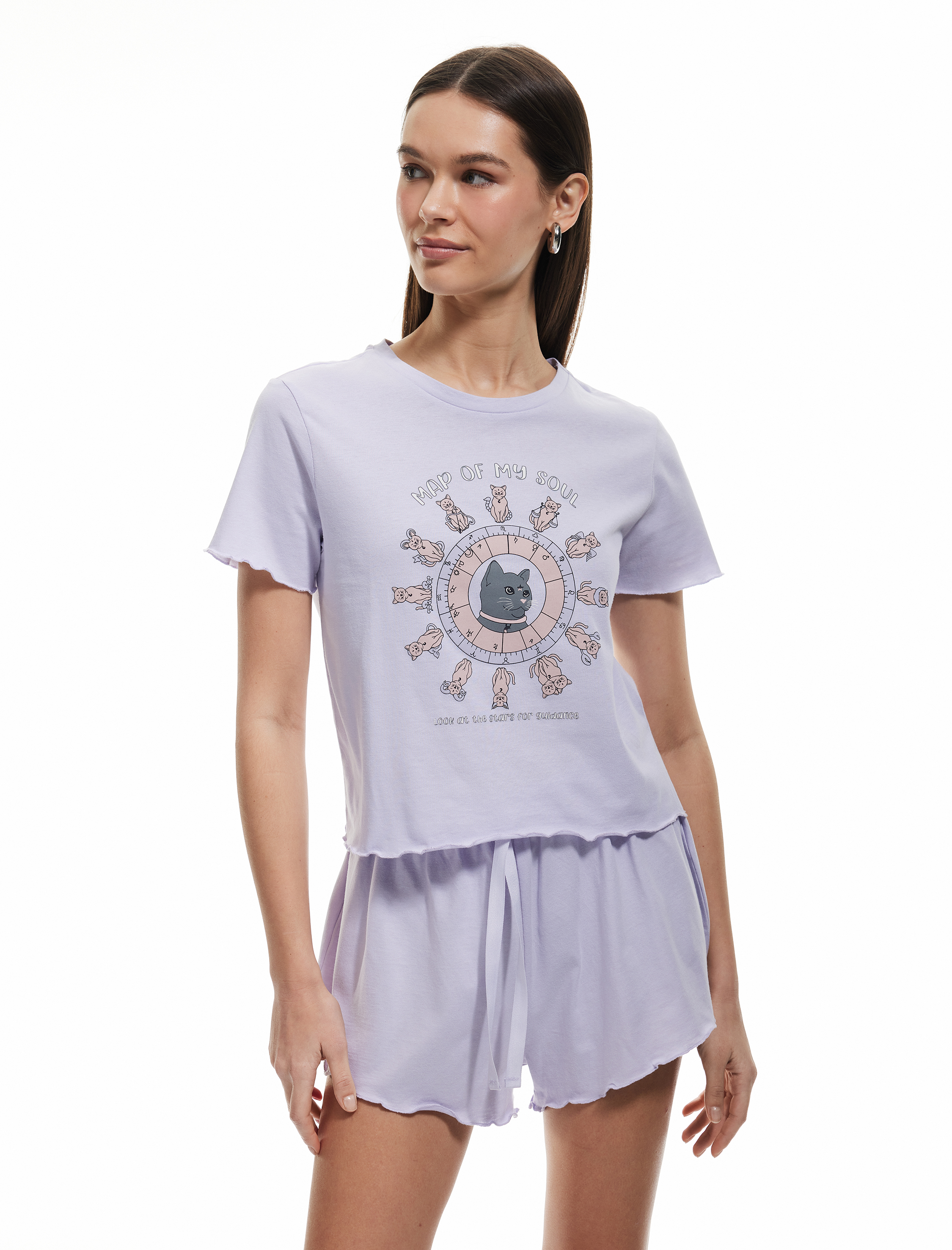   Pamuklu Kısa Kollu U Yaka Kedi Baskılı Şortlu Pijama Takımı