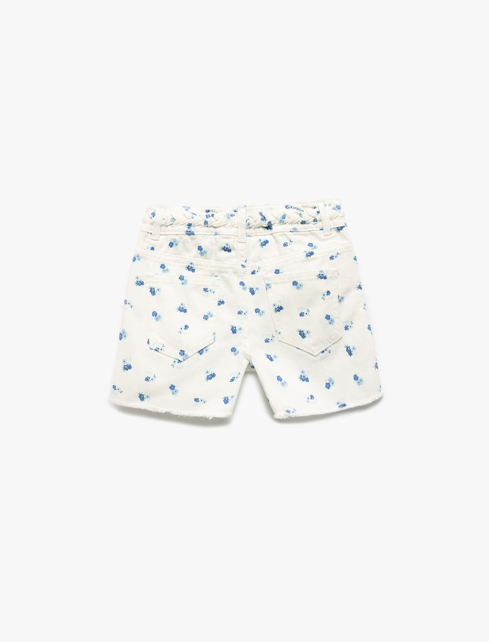 Kız Çocuk Pamuklu Kemer Detaylı Cepli Çiçek Desenli Denim Şort
