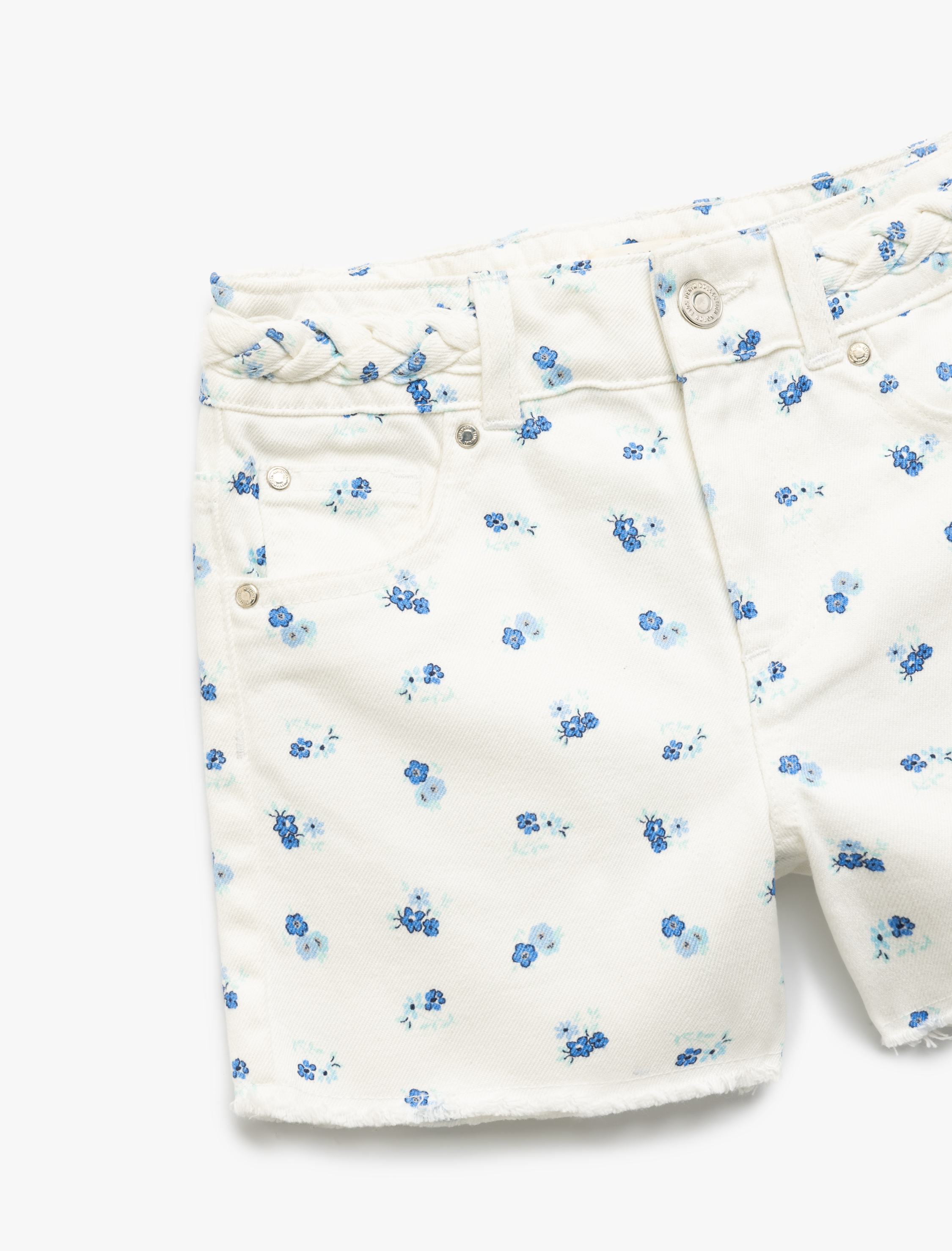  Kız Çocuk Pamuklu Kemer Detaylı Cepli Çiçek Desenli Denim Şort