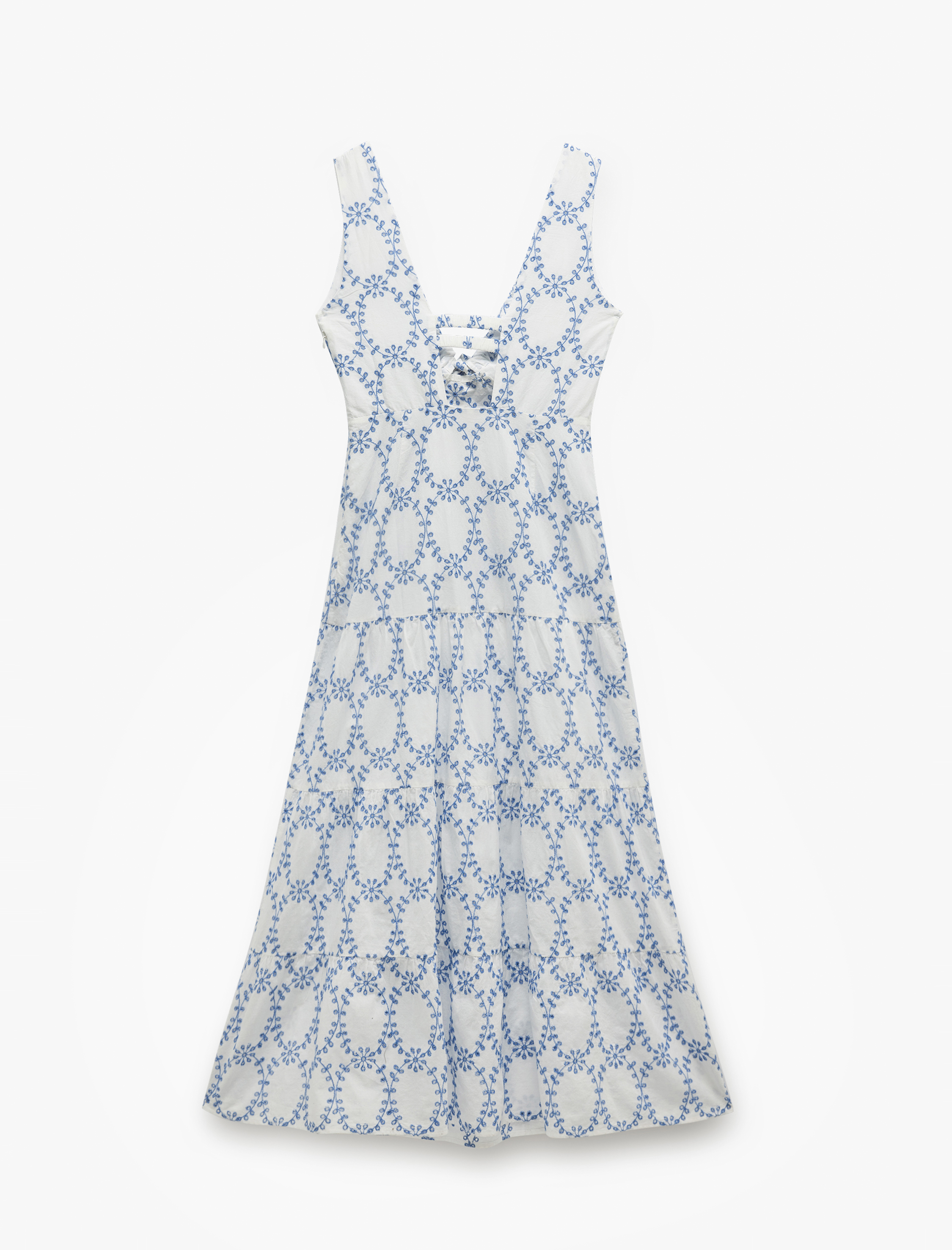   Pamuklu Arkası Pencere Detaylı V Yaka Uzun Çiçekli Fistolu Brodeli Elbise