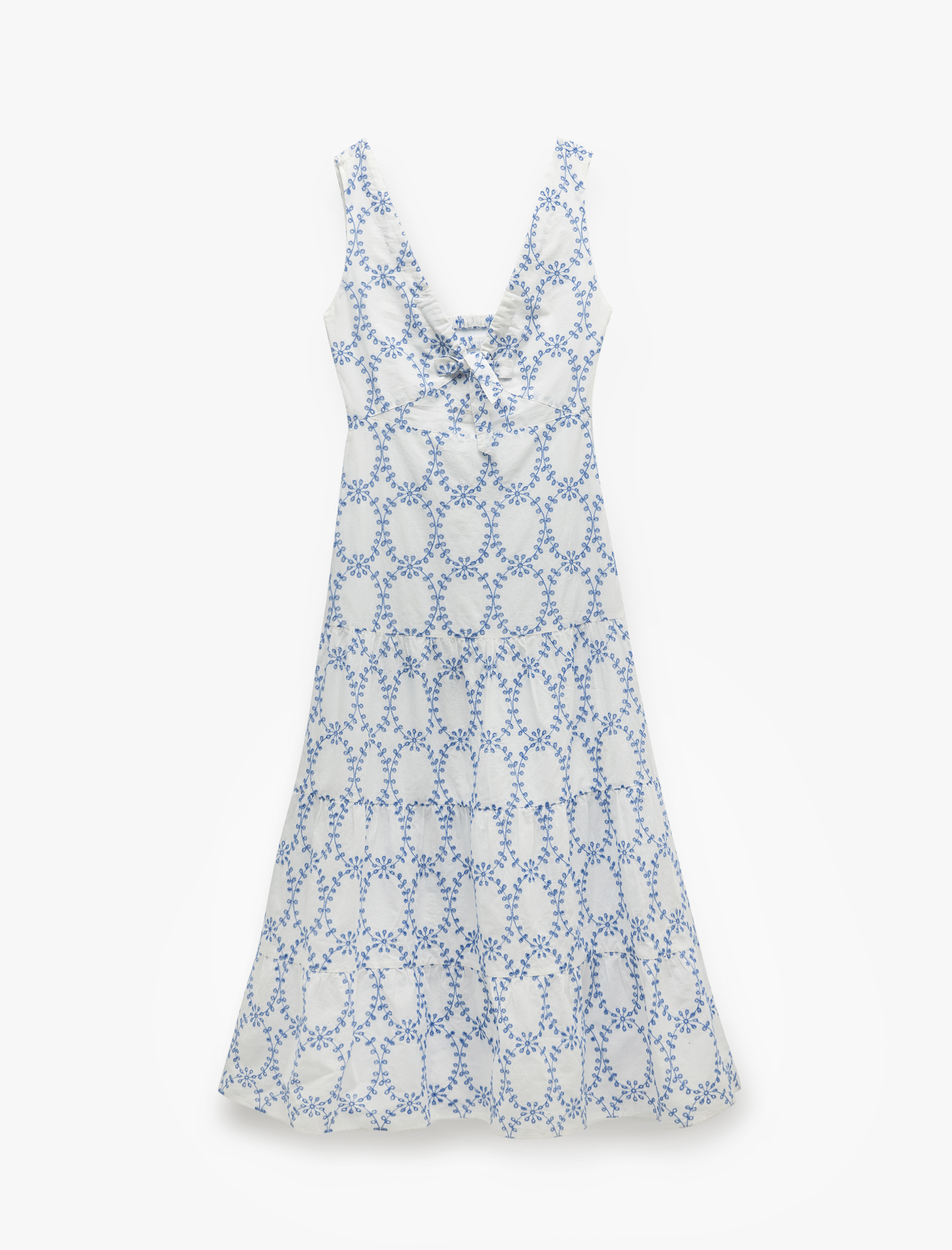   Pamuklu Arkası Pencere Detaylı V Yaka Uzun Çiçekli Fistolu Brodeli Elbise