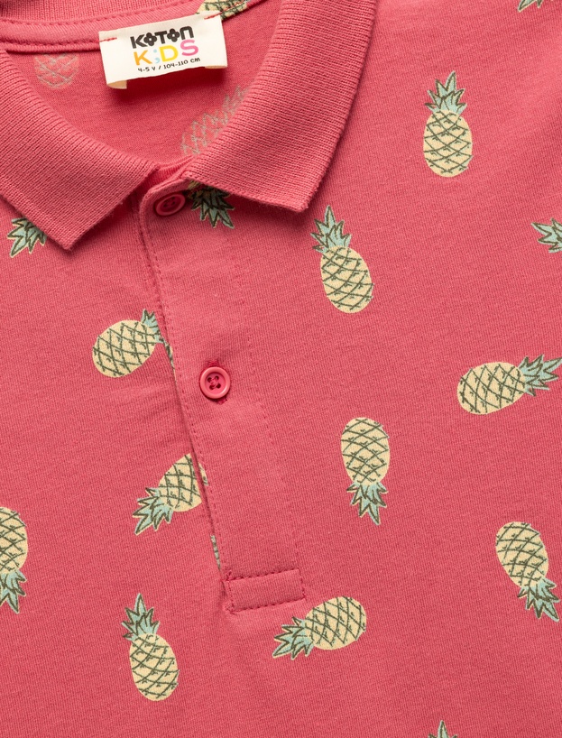 Pamuklu Ananas Desenli Polo Yaka Kısa Kollu Tişört_2