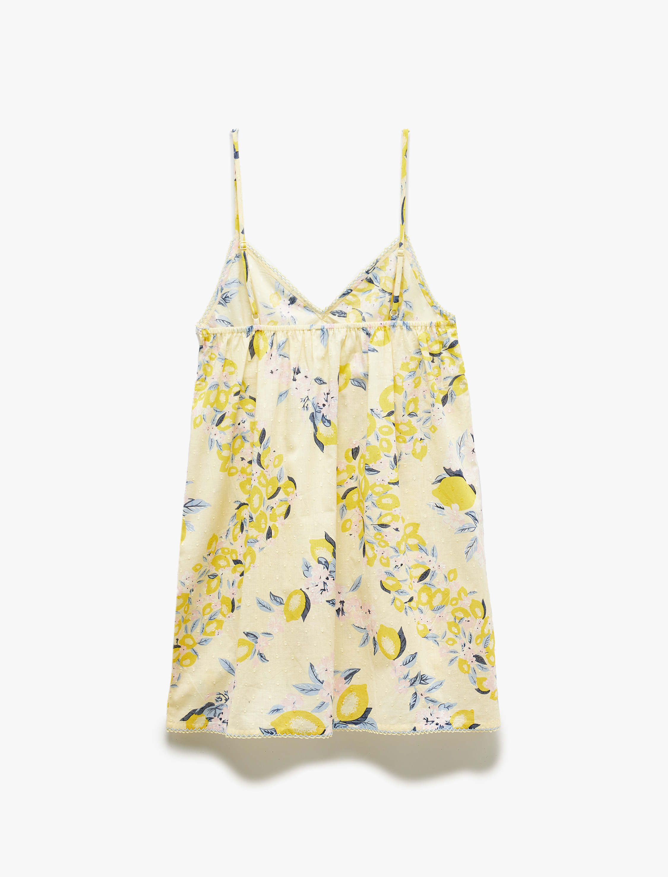   Çiçekli Limon Baskılı V Yaka Pamuklu Askılı Mini Gecelik