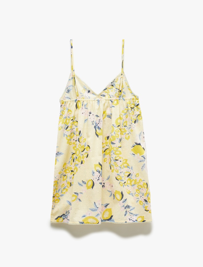  Çiçekli Limon Baskılı V Yaka Pamuklu Askılı Mini Gecelik