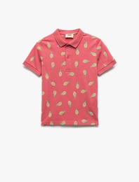 Pamuklu Ananas Desenli Polo Yaka Kısa Kollu Tişört
