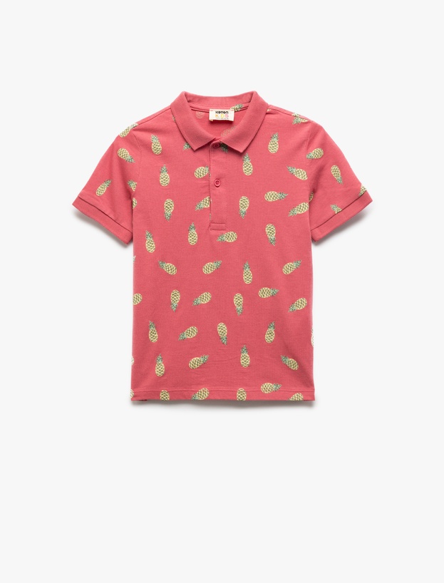 Pamuklu Ananas Desenli Polo Yaka Kısa Kollu Tişört_0