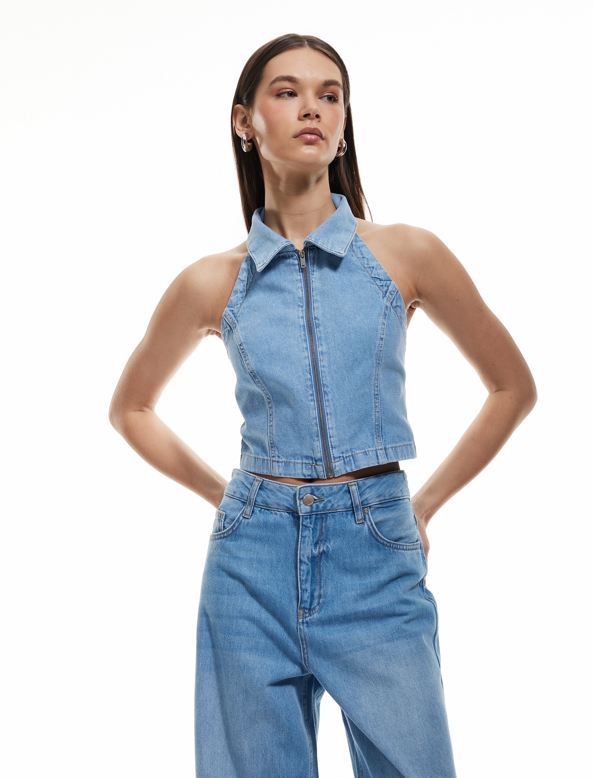   Pamuklu Slim Fit Fermuarlı Denim Kolsuz Crop Üst
