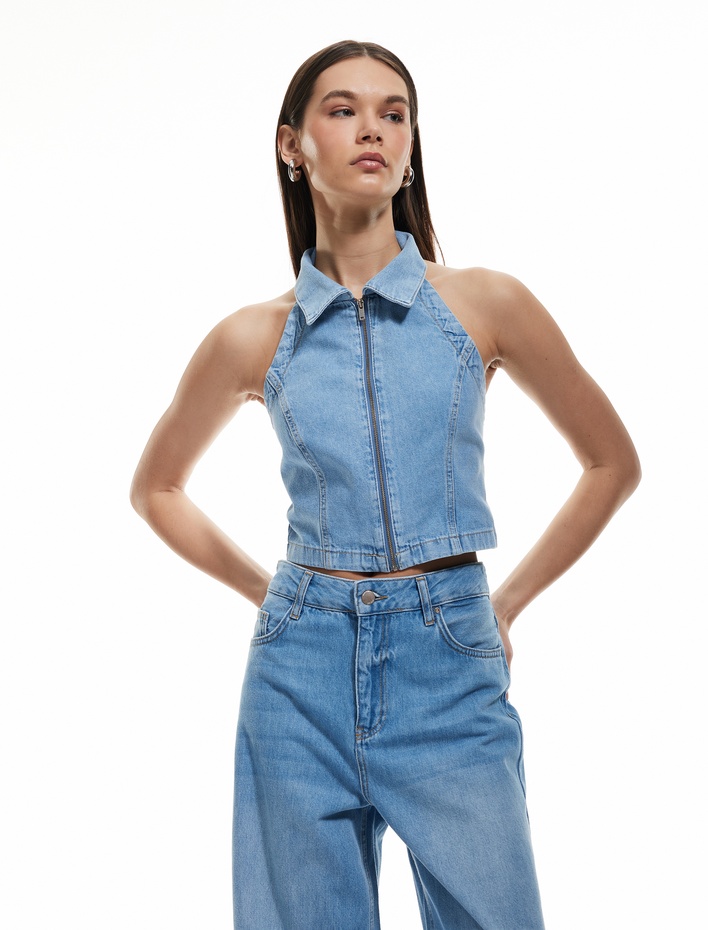  Pamuklu Slim Fit Fermuarlı Denim Kolsuz Crop Üst