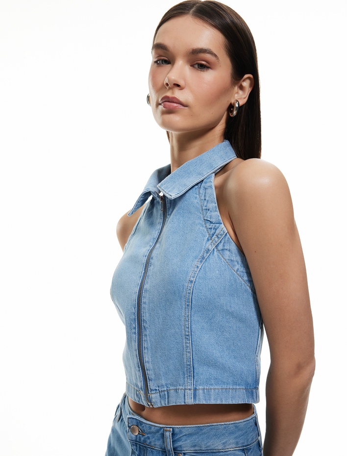  Pamuklu Slim Fit Fermuarlı Denim Kolsuz Crop Üst