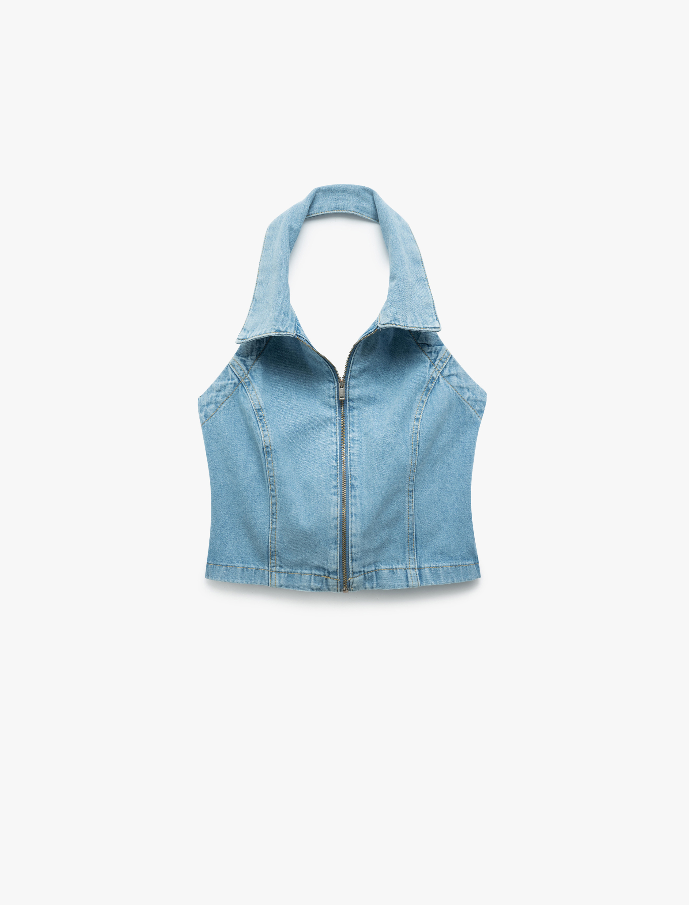   Pamuklu Slim Fit Fermuarlı Denim Kolsuz Crop Üst