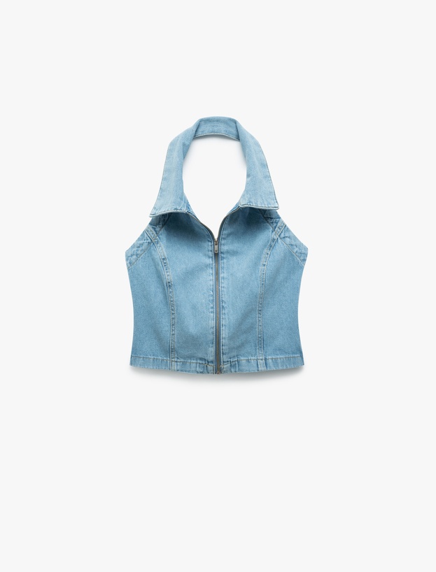 Pamuklu Slim Fit Fermuarlı Denim Kolsuz Crop Üst_2