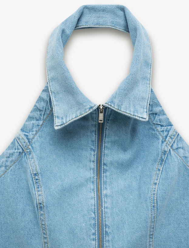 Pamuklu Slim Fit Fermuarlı Denim Kolsuz Crop Üst_4